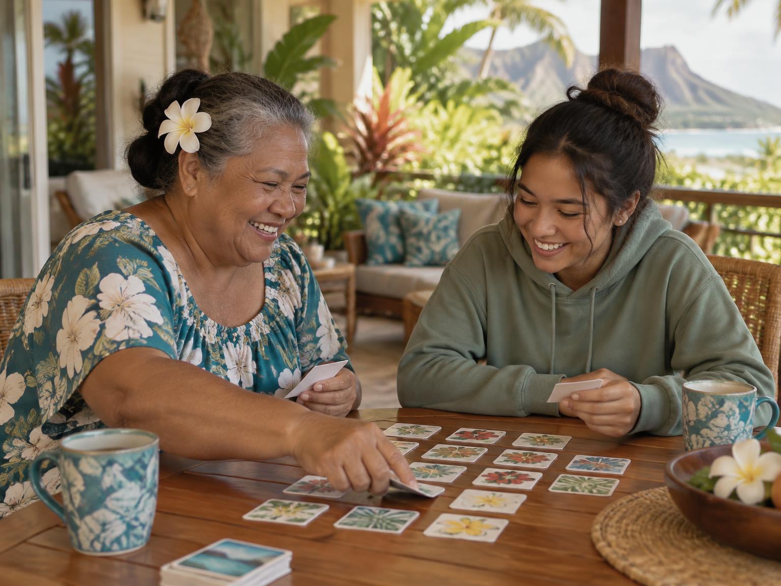 A kūpuna and a college student laughing over a matching card game